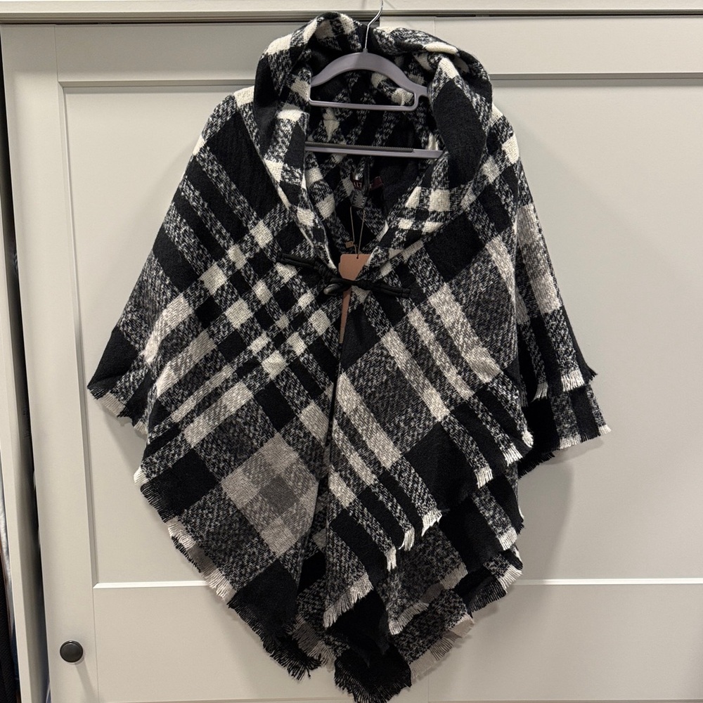Altare Black & White Plaid Poncho Cape w/ Cowl Neck (NWT) One Size